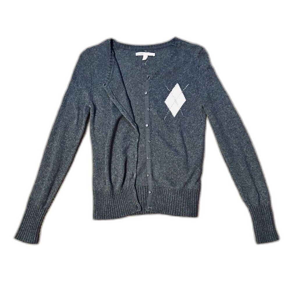 Vintage Y2K Grey Argyl Cardigan Crewneck Sweater Long Sleeve Preppy Button Up XS